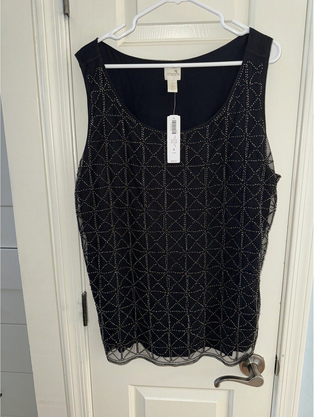 CHICO’S NWT Black Mesh Overlay Studded Lined Sleeveless Blouse Tank SZ 4